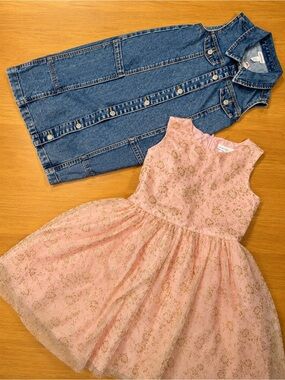 Girls XL Dress Bundle Set of 2 Pink Glitter Dress + Cat & Jack Denim Dress Size